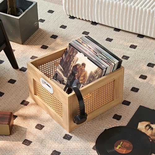LELELINKY Vinyl Record Storage Crate, Rattan Vinyl Record Holder with Handle, Natural Wood Record Crate for Vinyls Holder up to 75 LP's, Desktop Cube Album Storage for Vinyls Records - color: Natural, size: 1 Pack