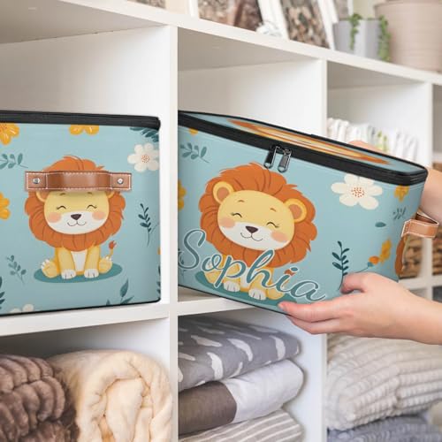 Custom Storage Basket with Name, Personalized Storage Bins with Zipper Lid, Foldable Fabric Storage Box Large capacity with Handle Flower Lion - color: Option 10