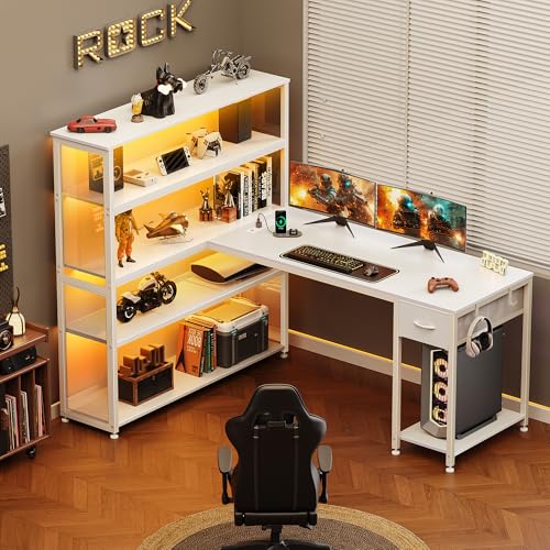 PRAISUN 57 Inch L Shaped Gaming Computer Desk with Larger Open Cabinet, Reverisble Office Desk with Power Outlets, LED Lights, Work Desk, Fabric Drawer, Adjustable Wood and Mesh Shelf, White - color: White