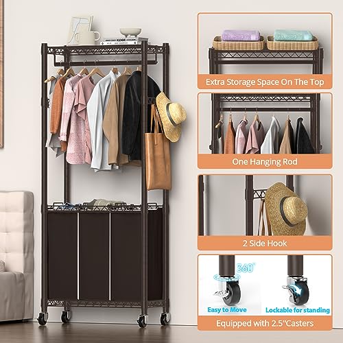 Hodonas 3-Section Laundry Sorter With Hanging Bar, Rolling Hamper Cart, Basket Organizer, Hanging Rack, Lockable Wheels and Removable Bags for Clothes Storage, Espresso - color: Espresso