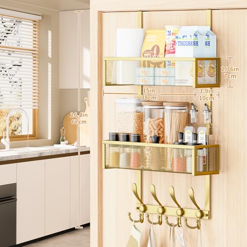Kaiferty Over The Door Hooks Organizer,Coat Rack with 12 Hooks and 2 Mesh Baskets,Back of Door Storage Organizer for Bathroom,Bedroom,Kitchen,Office (Gold) - color: 2 Upgrated Baskets-Gold