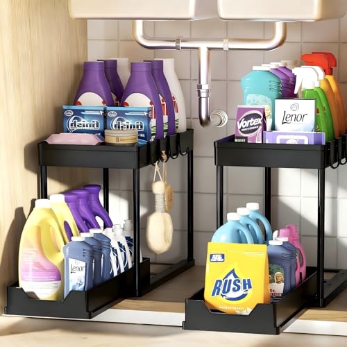 Under Sink Organizers 2 Pack, Pull-Out Sliding Cabinet Organizer with 2-Tier Storage Shelf & 4 Hooks, Multi-Purpose for Kitchen & Bathroom (13 Inch, Black) - color: Black