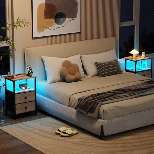 LOAKEKEL Night Stand with Charging Station and LED, Bedside Table with USB Ports & Outlets, 2-Tier Fabric Storage Drawers with PU Trim, Compact End Table for Bedroom, Grey, HETS02GY-1 - color: Grey, style: Two-drawer