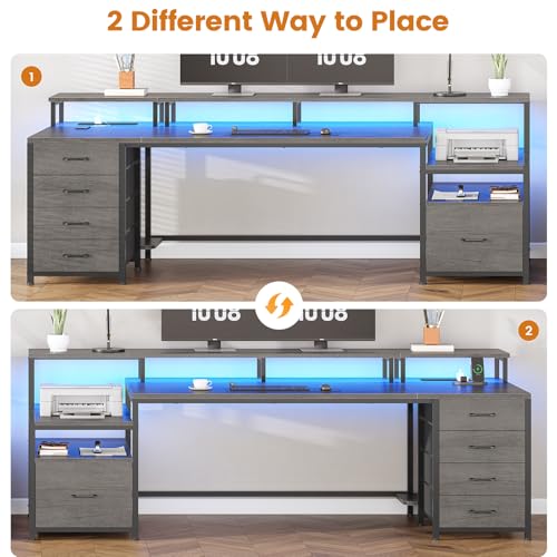 SEDETA 75'' Computer Desk with 5 Drawer, Power Outlet & Led Lights, Home Office Desk with File Drawer, Storage Shelves, Printer Cabinet and Monitor Shelf, 23.6" W Large Desktop Gaming Desk, Grey - color: Grey, size: 75X23.6inch