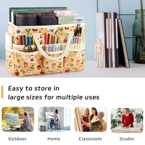 E-WEICHEN Craft Organizer Tote Bag Art Storage Caddy with Multiple Pockets Containers for Art,Craft,and Office Supplies Storage.Yellow Teapot - color: Yellow Teapot
