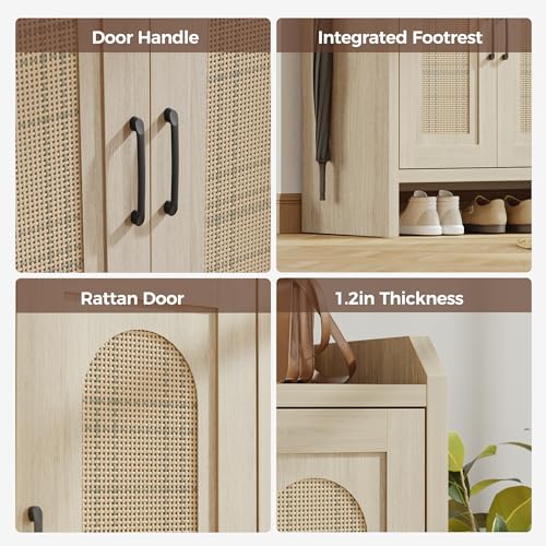 Mericonia Rattan Shoe Storage Cabinet, Farmhouse Shoe Cabinets Storage for Entryway, Boho Wooden Shoe Rack with 3 Doors for Entryway, Hallway (Oak, 3 Door) - color: Oak, size: 3 Door