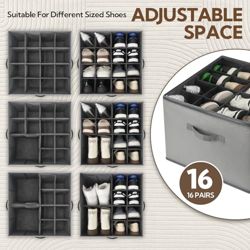 VZZNN Shoe Organizer for Closet, 2 Pack Foldable Shoe Storage Bins with Clear Cover and Adjustable Dividers, Fits up to 16 Pairs, Large Shoe Box Storage Containers with Reinforced Handles (grey) - color: Grey