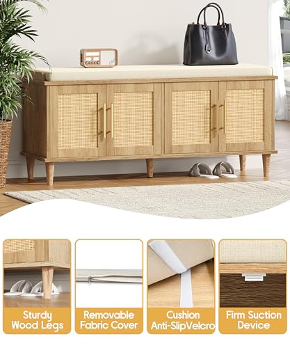 Akxomel Rattan Shoe Storage Bench with Cushion, 2-Tier Entryway Bench with Adjustable Shelves and 4 Doors, 15" D x 47.2" W x 20" H, Solid Wood Legs, for Hallway, Living Room, Bedroom, Natural Oak - size: 15"D x 47.2"W x 20"H