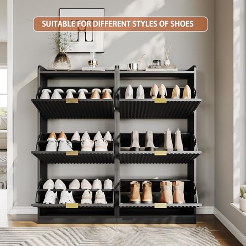 Black Fluted Shoe Cabinet with 3 Flip Drawers, Narrow Shoe Storage Cabinet for Entryway, Freestanding Shoes Rack Organizer Cabinets with Adjustable Shelves for Entryway, Hallway - color: Black, size: 3-Drawers