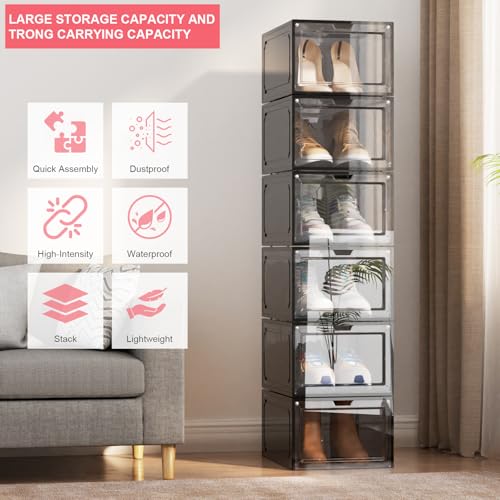 Shoe Box,Set of 6,Stackable Plastic Clear Shoe Box Organizer with Magnetic Door,Shoe Storage Box Thicken Sturdy,Easy Assembly,Fit up to US Size(Front opening door, Black) - color: Black, size: Front