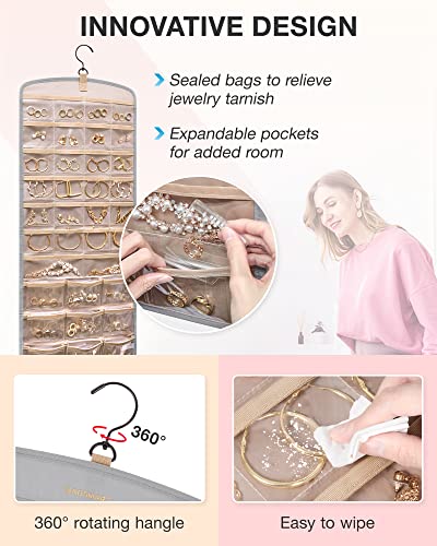 BAGSMART Hanging Jewelry Organizer, Necklace Holder Anti-tangle Earrings Rings Hanger with 20 Jewelry Bags Travel Storage Roll with Pockets Hang on Closet, Wall, Door,1 Piece, Large Grey - color: Grey, size: Large - Standard