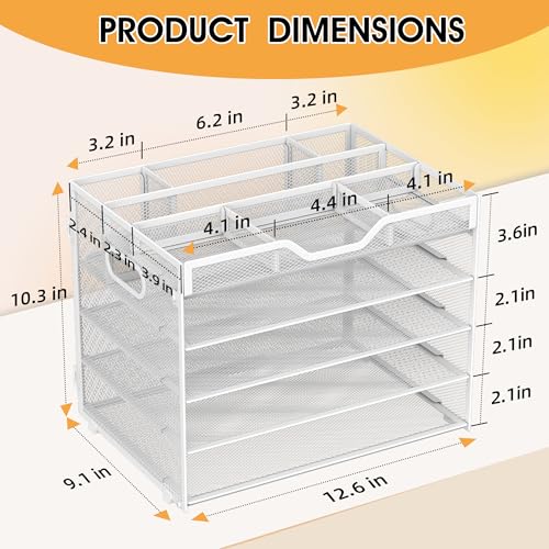 5 Tier Paper Letter Tray with 3 Drop-in Pen Holders, Mesh Desk File Organizer with Handle, Desk Organizers and Accessories for School,Home, Office Supplies Storage-White - color: 5 Tier-White, size: 12.5" x 9.1" x 10.3"