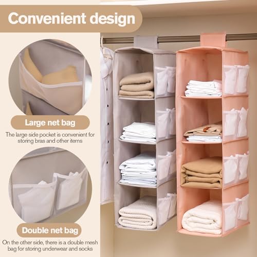 Hanging Closet Organizer, 4-Section Storage Shelves, Oxford Cloth with Mesh Pockets, (Pink, 3 Section) - color: Pink, size: 3 Section*2PACK