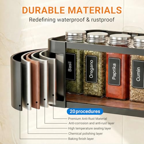 2 Pack Wall Mounted Spice Rack with 2 Hooks, Spice Organizer Shelf for Stove Cabinet Pantry Door, Screw or Adhesive Spice Shelf Hanging Wall Spice Rack in Kitchen and RV (Black, 2 Pack)