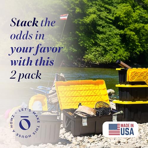HOMZ 2-Pack Durabilt, Heavy Duty Plastic Storage Bins with Lids, 27 Gallon, Black/Yellow - Stackable Container Boxes for Home, Attic, and Garage Organization - color: Black Base/Yellow Lid, size: 27 Gallon (Pack of 2)