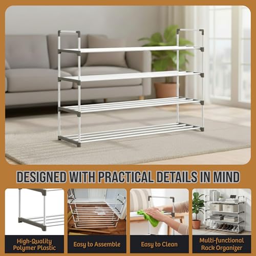 Home-Complete Shoe Rack – 4-Tier Shoe Organizer for Closet, Bathroom, Entryway – Shelf Holds 20 Pairs of Sneakers, Heels, and Boots (White) - color: White, size: 4-Tier