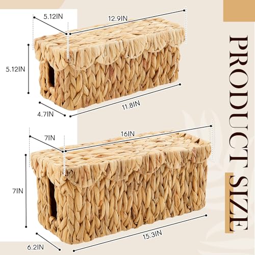 Patelai 2 Pack Scalloped Cable Management Box, Handwoven Water Hyacinth Cord Cable Organizer Box with Lid, 2 Open Slots Cord Basket for Power Strips & TV Wires, Desk, Floor, Office(Natural Color)