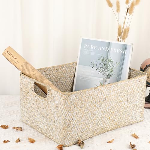 Hipiwe Wicker Shelf Baskets Seagrass Storage Opened Baskets Bin Built-in Handles Rectangular Closet Bedroom Organizer Box Multipurpose Woven Basket Home Organizer,Whitewash,14.6"x 10.6" x 7" - color: Whitewash, size: Large,14.6"x10.6"x7"