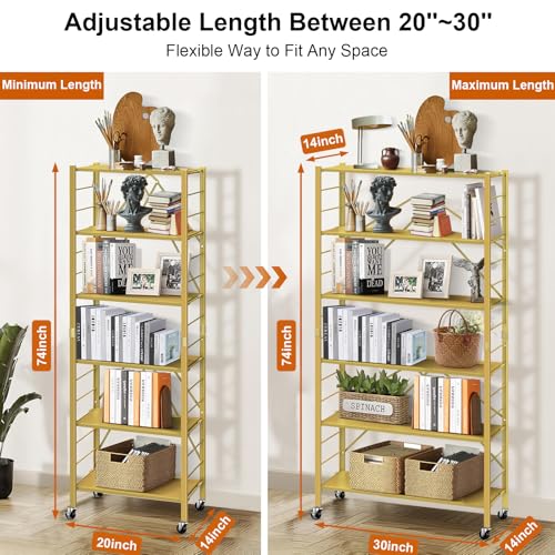 Himix 6 Tier Foldable Storage Shelves, Expandable Folding Bookshelf with Wheels, Changeable into 2 Shelf Units, Collapsible Adjustable Storage Rack Metal Shelves for Garage Kitchen, Basement, Gold - color: Gold, size: 6-Tier