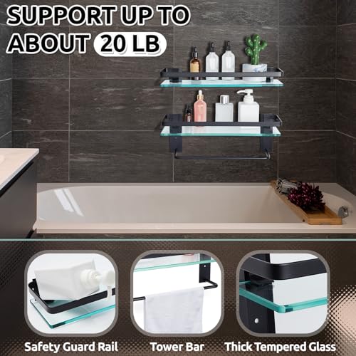 Suzile Set of 2 Glass Bathroom Shelves with Bar, Wall Mounted 15.7 x 4.7 Inches, Bathroom Shelves Hanging Modern Floating Shelf Metal Stick Room Rustproof Organizer Decorative(Black) - color: Black