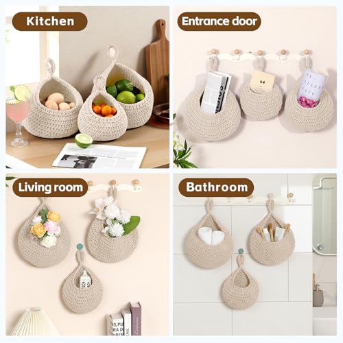 Hanging Storage Baskets Boho Decor Set of 3, Handmade Cotton Rope Wall-Mounted Fruit & Vegetable Baskets, Decorative Hanging Organizers for Kitchen, Entryway, Bathroom & Bedroom - color: Off White