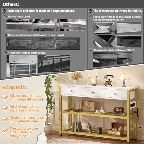 Ecoprsio 47'' Entryway Table with Outlets and USB Ports, Console Table with 3 Drawers, Sofa Table Narrow Long with Storage Shelves for Living Room, Couch, Hallway, Foyer, White and Golden - color: White and Golden, size: 47-In