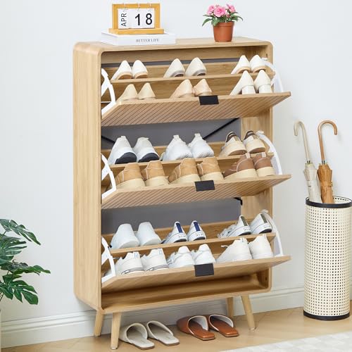 FurSch Fluted 47 Inch Tall Shoe Cabinet with 3 Flip Drawers, Narrow Hidden Shoe Storage Organizer Rack for Entryway Hallway (All Natural) - color: All Natural