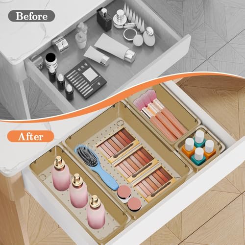 SpaceHacks 25 PCS Plastic Drawer Organizer Set, 4-Size Versatile Organizer Trays & Storage Bins for Makeup, Jewelry, and Gadgets in Bathroom, Bedroom and Office,Champagne - color: Champagne