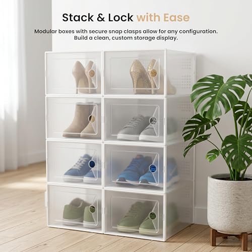HealSmart 15-Pack Large Shoe Storage Boxes, Stackable Plastic Shoe Organizer with Lids, Large Shoe Rack & Storage Containers for Closet, Under Bed, Entryway, White