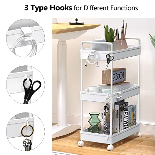 SOLEJAZZ 3 Tier Rolling Storage Cart with Wheels Slim Craft Nail Makeup Snack Art Baby Utility Cart Organizer on 2 Lockable Wheels for Bathroom Laundry Room Kitchen Bedside Narrow Spaces, White - color: White, size: 3-Tier, 8.66"D