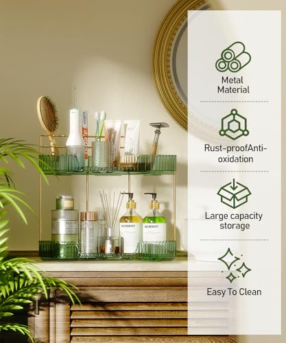 EUHOME 2-Tier Corner Bathroom Counter Organizer Makeup Cosmetic Storage, Tool-Free Installation Acrylic Vanity Shelf, Skin Care Organizer Perfume Tray for Countertop Bathroom, Dresser, Kitchen (Green) - color: Green, size: 9" x 9" x 11.8"