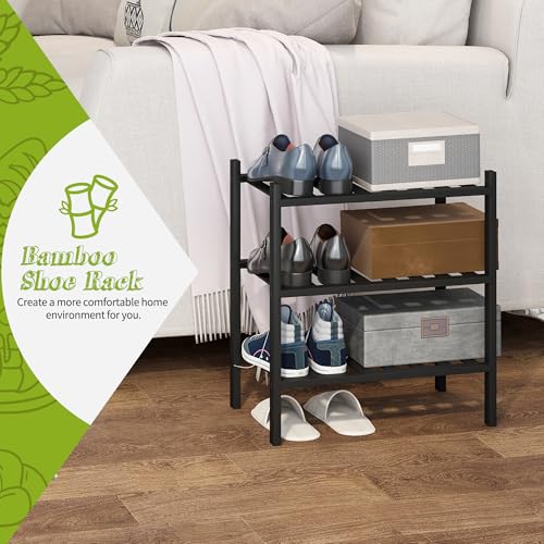 BMOSU 3-Tier Bamboo Small Shoe Rack Premium Stackable Shoe Shelf Storage Organizer for Hallway Closet Living Room Entryway Organizer (Black Bamboo) - color: Black Bamboo, size: Small-3-Tier（17*11*18.3inches）