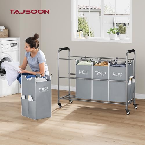 Tajsoon 4 Bag Laundry Sorter Cart, 4 Section Laundry Hamper Sorter with Heavy Duty Lockable Rolling Wheels, Laundry Separator Hamper with Removable Bags for Dirty Clothes Storage, Grey & White - color: GreyWhite