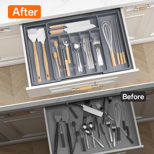 RoomHacks Large Silverware Organizer,Expandable Utensil Drawer Organizer,BPA Free Utensil Holder,Adjustable Silverware Tray Cutlery Drawer Organizer for Kitchen Flatware,Large,Grey (6-8 Slots) - color: Gray