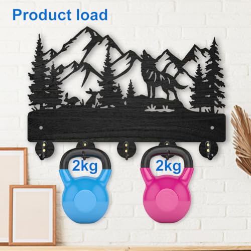 MAYJOYDIY Wolf Rabbit Forest Coat Hooks Wood Animal Moutain Key Holder Wall Mount 11.8×7.9inch Key Hanger Wall Art Decor 5 Alloy Hooks Black Key Rack Organizer for Gift Entryway Hallway Kitchen Room - color: Wolf Rabbit Forest