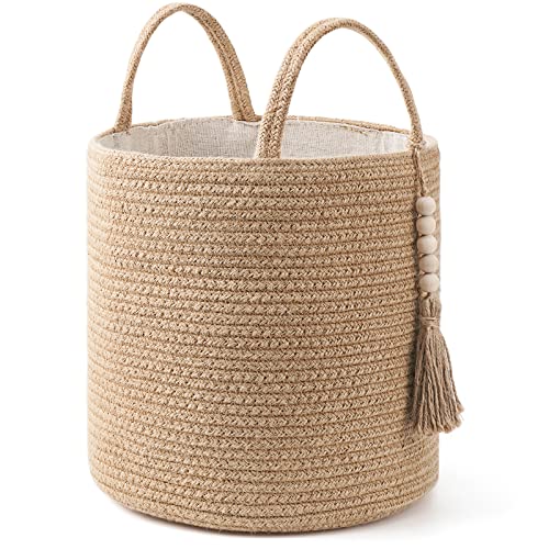 Mkono Woven Storage Basket Decorative Natural Rope Basket Wooden Bead Decoration for Blankets,Toys,Clothes,Shoes,Plant Organizer Bin with Handles Living Room Home Decor (Brown, 28 x 28cm) - color: Brown, size: 11"W x 11"L