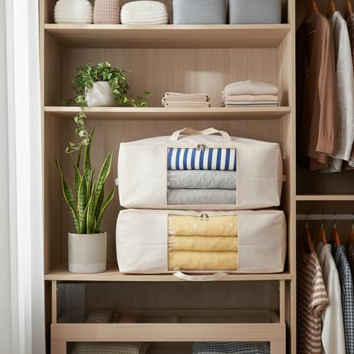 YGEOMER Blanket Storage Bags, Canvas Foldable Closet Organizers Containers with Reinforced Handle for Dorm Bedroom Closet Clothing Comforters Pillows Toys, 2 Pack