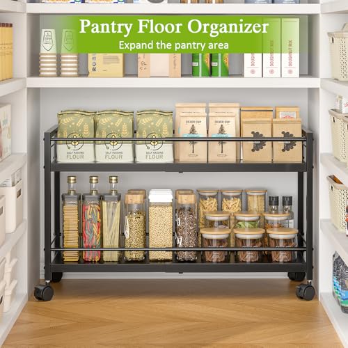 1 Pack 2-Tier Expandable Pantry Floor Organizer Cart, Rolling Pantry Storage Cart with Wheel, Adjustable Can Organizer for Kitchen Pantry, Pantry Shelves and Storage Rack for Snacks, Vegetables, Black