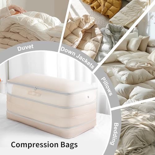 Comforter Storage Bag - Large Capacity Bedding Storage Bags Ultra Space Saving Self Compression Organizer, Washable Compression Bags for Storage Comforter Blanket Duvet Pillow, 2-Pack, Beige - color: Beige, size: 2 Packs