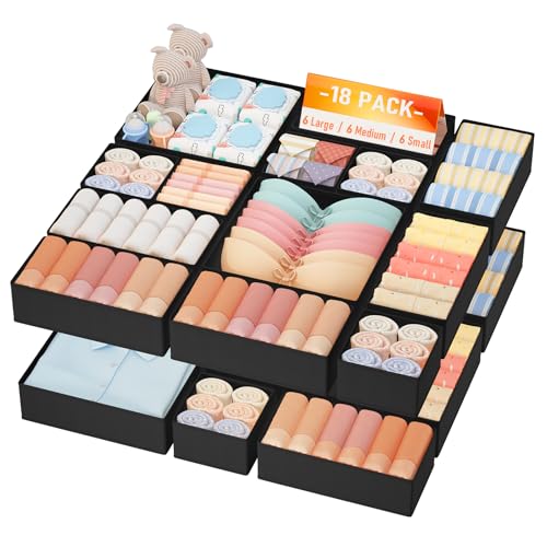 DIMJ Drawer Organizer Clothes Storage - 18 Pack Baby Dresser Organizer for Nursery, Foldable Closet Drawer Organizer Bins for Bedroom Organization, Fabric Storage Dividers for Socks, Underwears, Bras - color: Black, size: 18 Pack