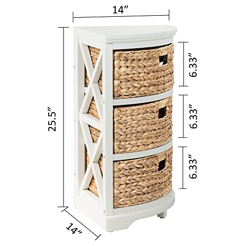 eHemco Hampton Meadows 3 Tier X-Side Corner Table Storage Cabinet with 3 Wicker Baskets, White - color: White, size: 14"D x 14"W x 25.5"H (3 Drawers)
