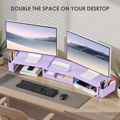 OPNICE Desk Organizers and Accessories, Dual Computer Monitor Stand Riser with Drawer and 2 Pen Holders, Office Desk Accessories, Workspace Desktop Organization for Office Supplies (Purple Metal ) - color: Purple Metal, size: With drawer and pen holder