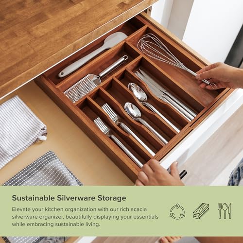 KitchenEdge Premium Silverware, Flatware and Utensil Organizer for Kitchen Drawers, Food-Safe Contract Grade, Expandable from 16 to 28 In, Natural Acacia - color: Natural Acacia, size: From 16" to 28" wide