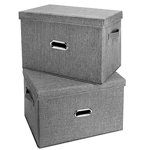 Large Linen Fabric Foldable Storage Bins with Removable Lid and Handles, Washable Storage Box Organizer Containers Baskets Cube with Cover for Bedroom,Closet,Nursery (Grey, Large(2-Pack)) - color: Grey, size: Large(2-Pack)