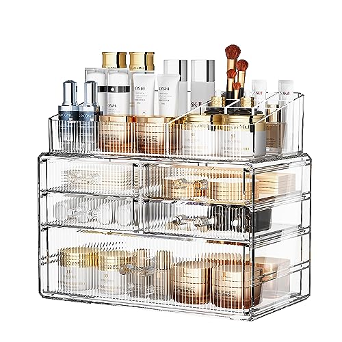 ZHIAI Stackable Organizer, Acrylic Cosmetic Organizer for Dresser, Vanity, Kitchen Cabinet, Bathroom, Under Sink, Home Organization and Storage (1 Top 5 Drawers) - color: (1 Base, 4 Drawers) with Top