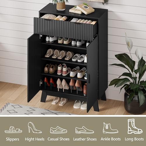 Shoe Cabinet Storage for Entryway, 4 Tier Fluted Shoe Storage Cabinet with 2 Drawers, Narrow Hidden Shoe Organizer with Adjustable Shelves, Freestanding Shoe Rack for Entryway, Hallway, Black - color: Black, size: 4 Tier