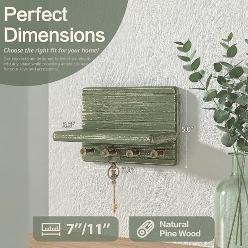 Rebee Vision Pine Wood Key Holder Wall Mount – Decorative 7-inch Key Holder for Wall with Wooden Shelf & Hooks – Room Decor Aesthetic Perfect for Various Settings (Green) - color: Green, size: Small-7inch