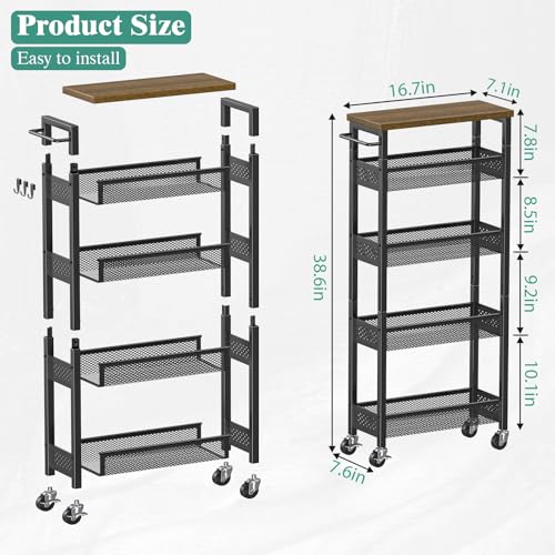 Giwil Slim Storage Cart 5 Tier Narrow Kitchen Rolling Cart on Wheels for Small Space, Metal Utility Cart Narrow Bathroom Storage Cabinet Mobile Shelf Unit Organizer with Wood Top and Handle, Black - color: Black, size: 5 Tier (W-7.1IN)