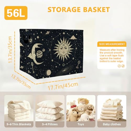 56L Sun Stars Moon Laundry Basket Clothes Hamper with Handles,Foldable Blanket Storage Large Laundry Hamper with Waterproof PE,Toy Storage Bin Organizer,Cube Clothes Organizer,Home Decor - color: Sun Stars Moon