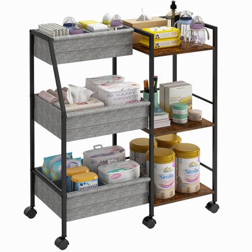Baby Diaper Caddy Organizer Cart, 3-Tier Rolling Wheels Cart with Dividers and Shelves, Bedside Utility Cart for Nursery Essentials, Large Capacity Mobile Storage Cart for Crib, Bedroom - color: Grey
